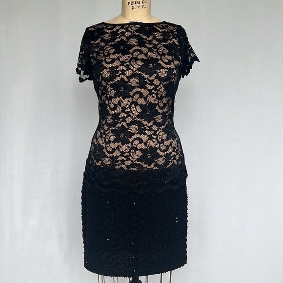 Joseph Ribkoff Black Lace Sequin Dress Nude Lining Ladies Size 10 Stretchy - Picture 1 of 10